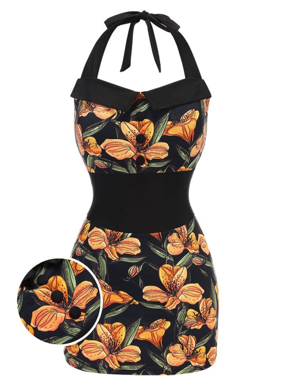 Clothing Retro Stage | 1950S Antique Flower Lapel Swimsuit Black