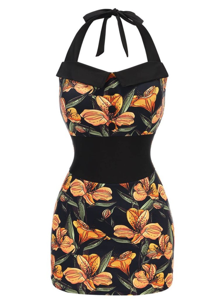 Clothing Retro Stage | 1950S Antique Flower Lapel Swimsuit Black