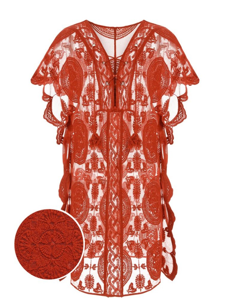 Clothing Retro Stage | Red 1960S Embroidery Hollow Wrap Cover-Up