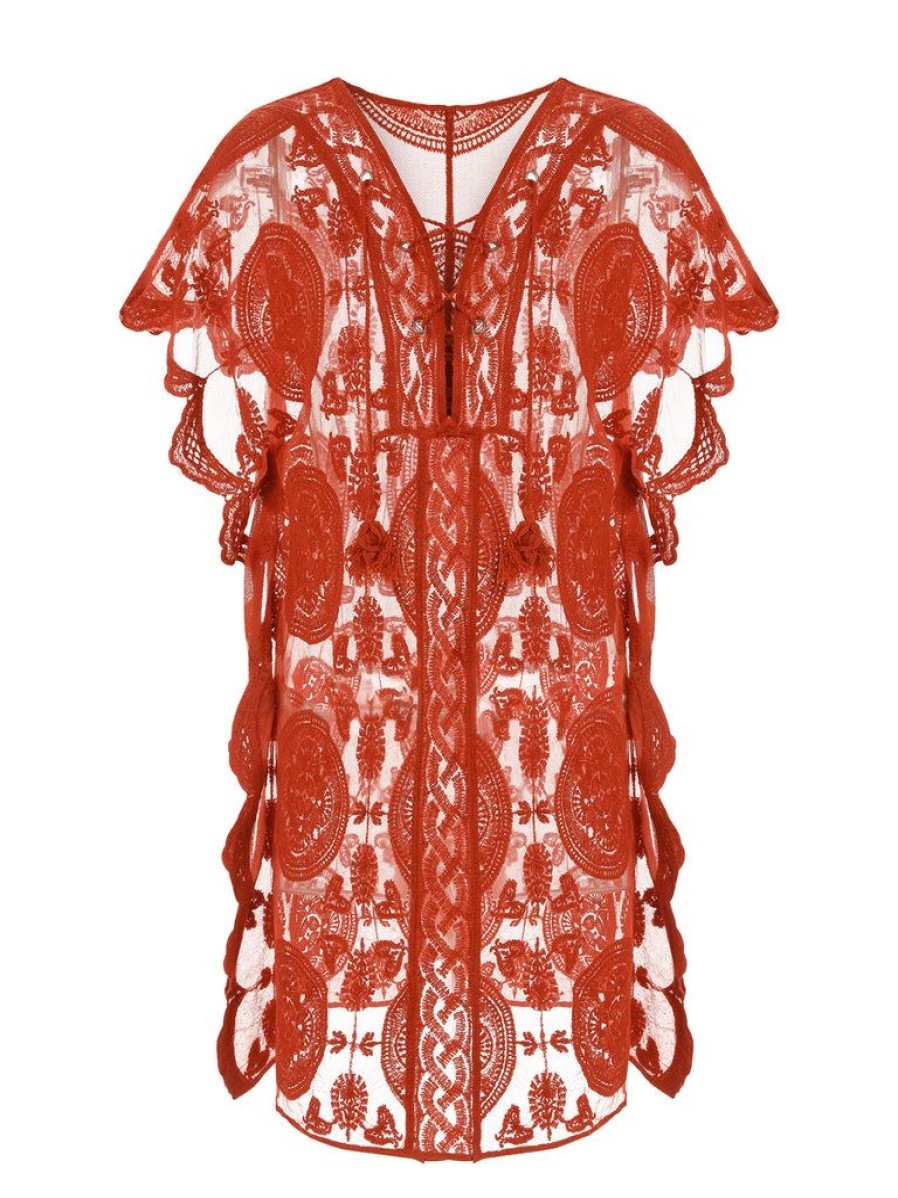 Clothing Retro Stage | Red 1960S Embroidery Hollow Wrap Cover-Up