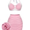 Clothing Retro Stage | 1940S Patchwork Lace-Up Halter Swimsuit Pink