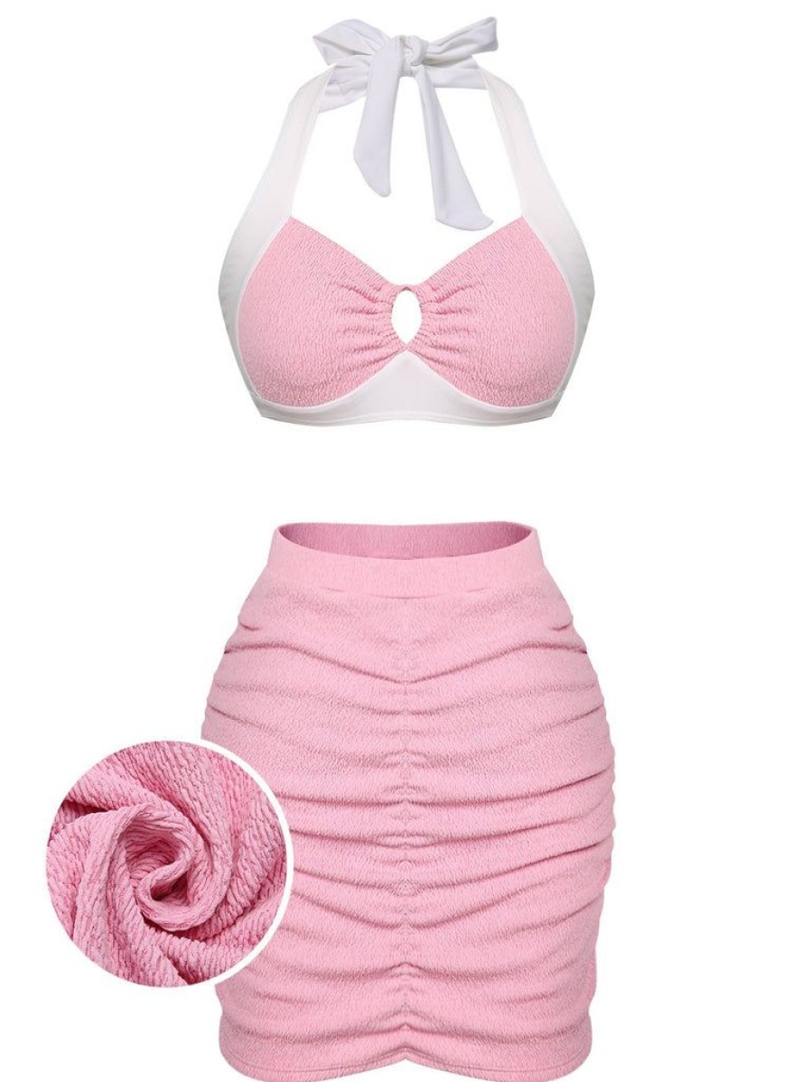 Clothing Retro Stage | 1940S Patchwork Lace-Up Halter Swimsuit Pink