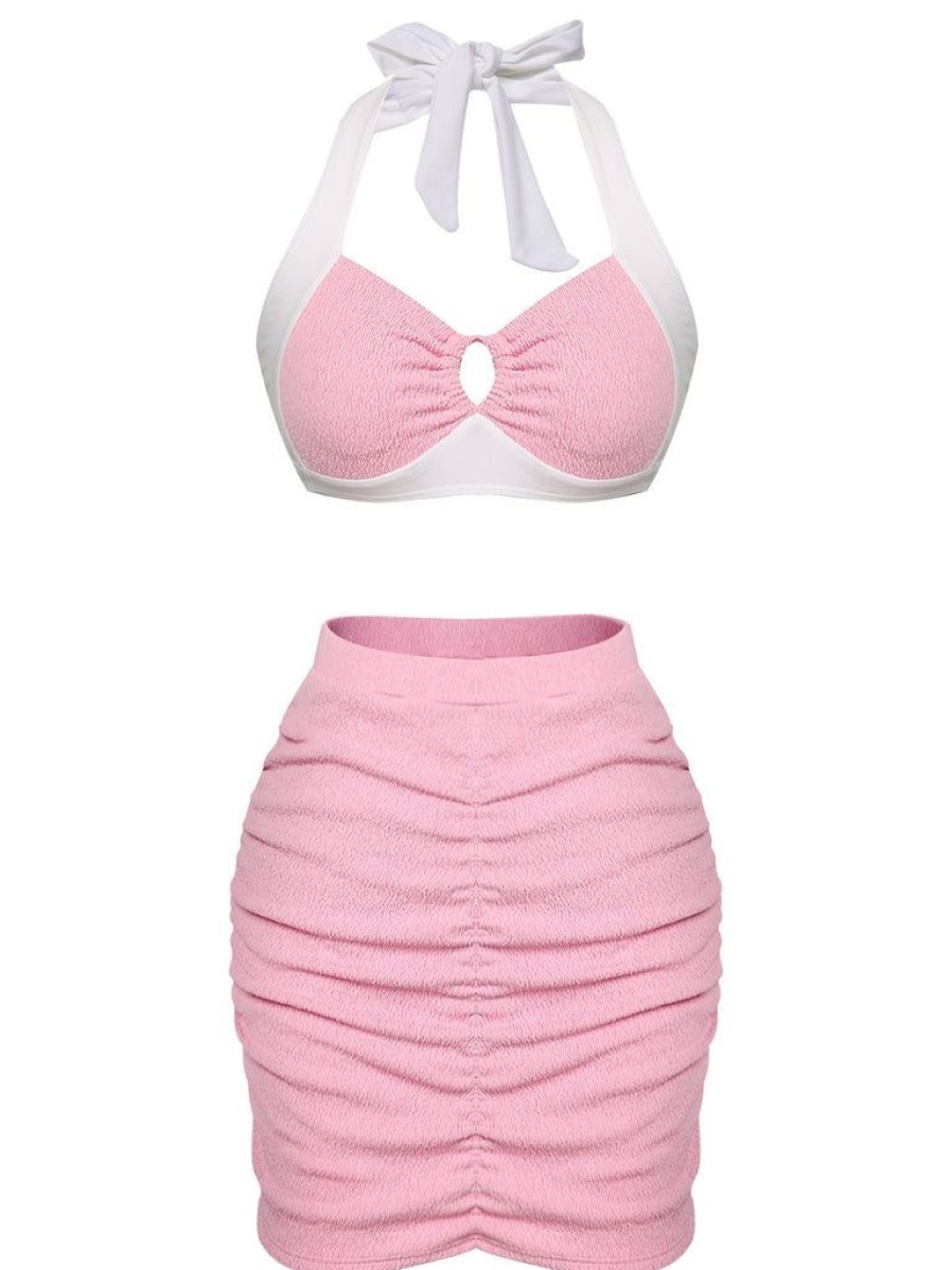 Clothing Retro Stage | 1940S Patchwork Lace-Up Halter Swimsuit Pink