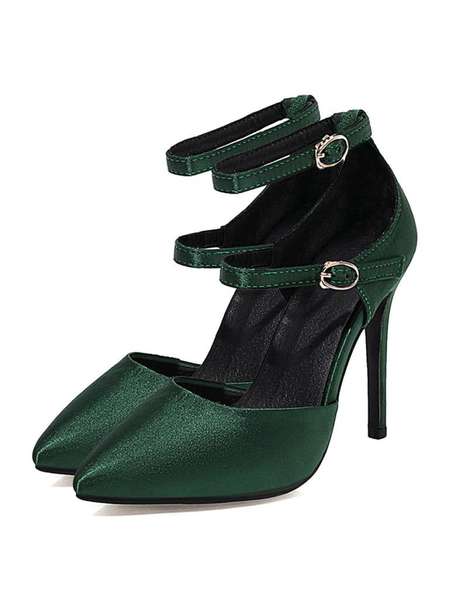 Shoes Retro Stage | Satin Double Buckle Belts High Heel Shoes Dark Green