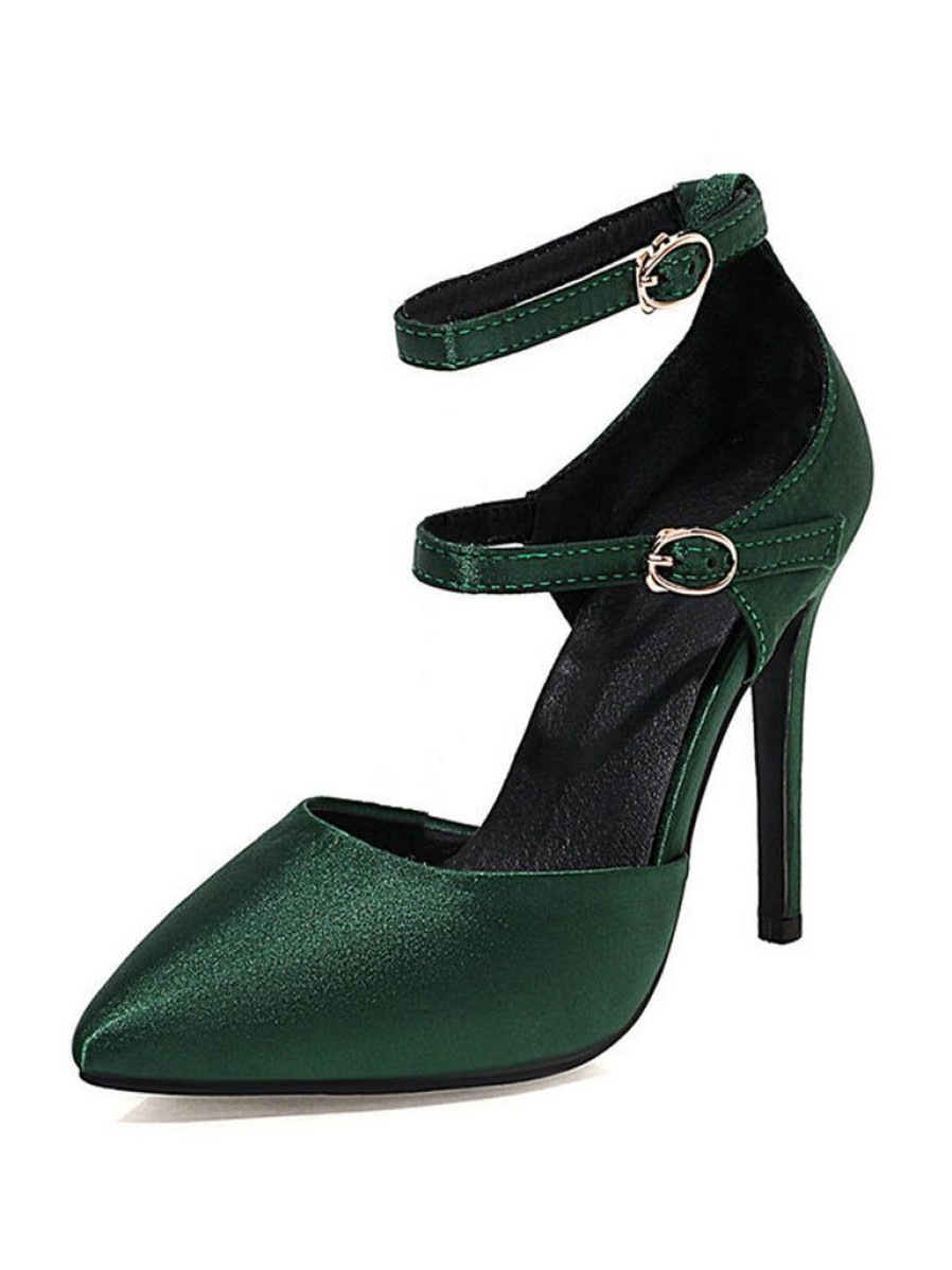 Shoes Retro Stage | Satin Double Buckle Belts High Heel Shoes Dark Green