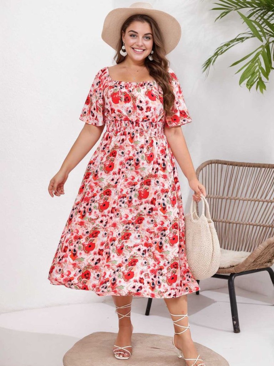 Clothing Retro Stage | [Plus Size] 1950S Square Collar Ditsy Floral Dress