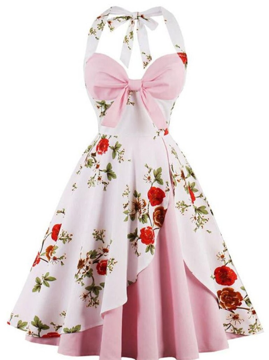 Clothing Retro Stage | 1950S Halter Floral Swing Dress Pink