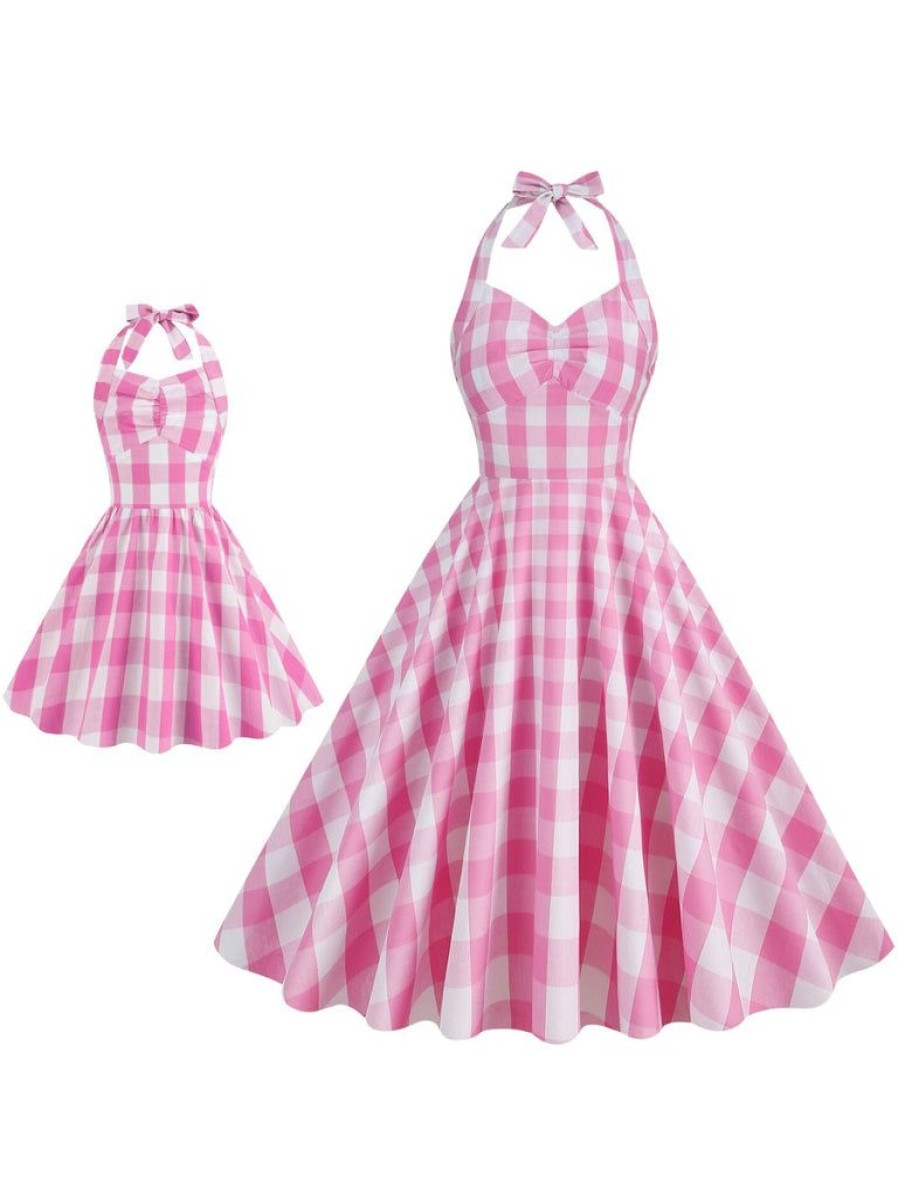 Clothing Retro Stage | 2Pcs Parent-Child Outfit-1950S Plaid Halter Swing Dress Pink