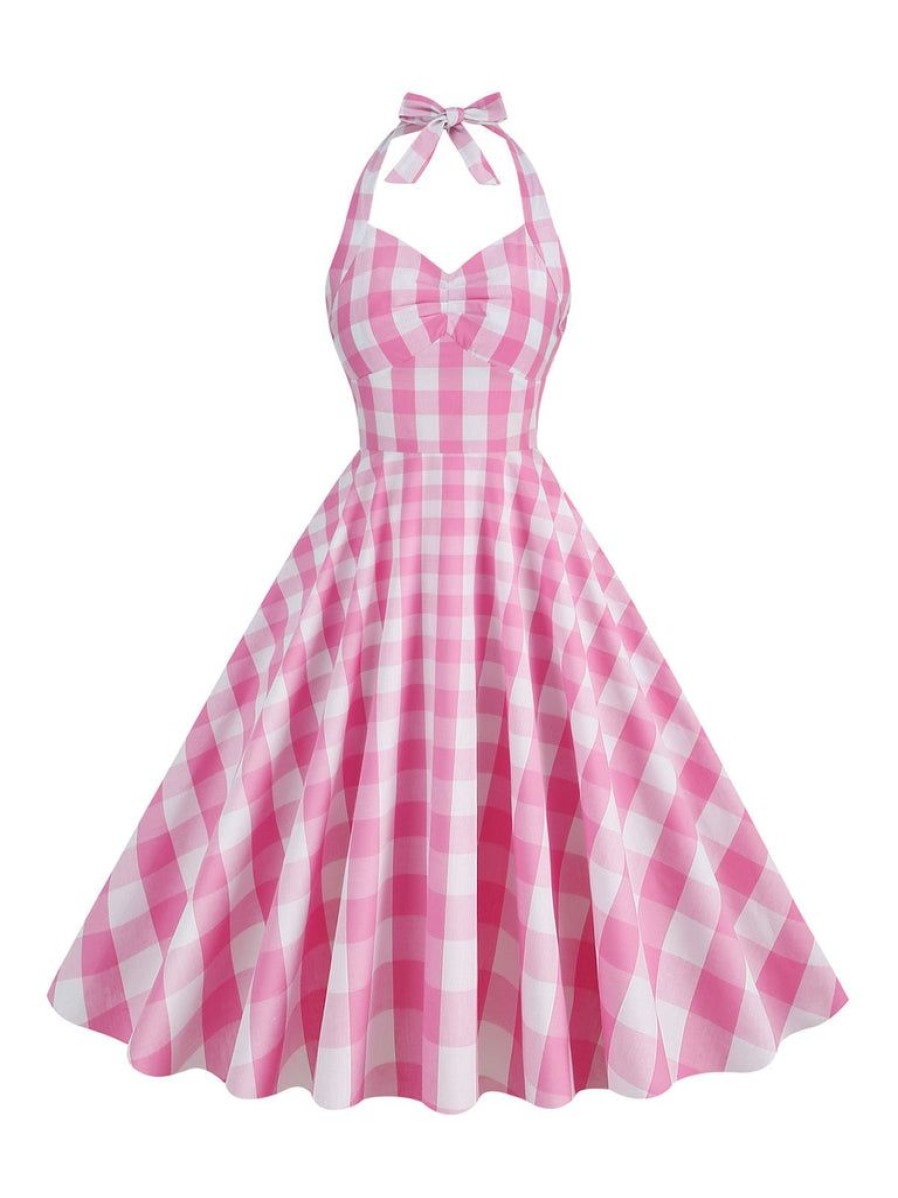 Clothing Retro Stage | 2Pcs Parent-Child Outfit-1950S Plaid Halter Swing Dress Pink