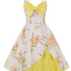 Clothing Retro Stage | 1950S Strap Floral Patchwork Contrast Dress Yellow