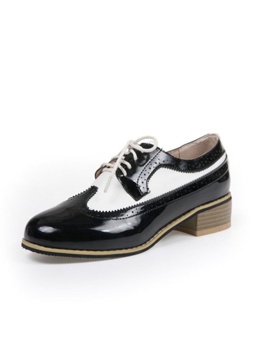 Shoes Retro Stage | Round Toe Paneled Brogue Pu Leather Shoes