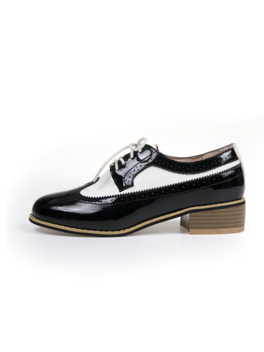 Shoes Retro Stage | Round Toe Paneled Brogue Pu Leather Shoes