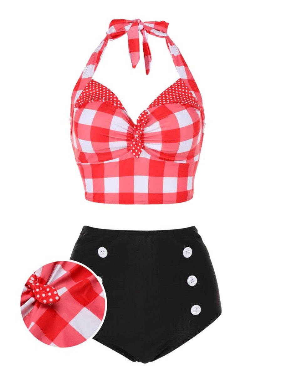 Clothing Retro Stage | 1950S Plaid Halter Bikini Set Red