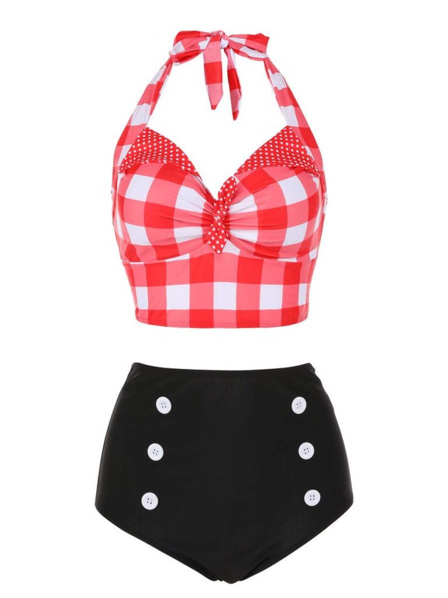 Clothing Retro Stage | 1950S Plaid Halter Bikini Set Red