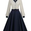 Clothing Retro Stage | 1950S Solid Patchwork Dress Blue & White