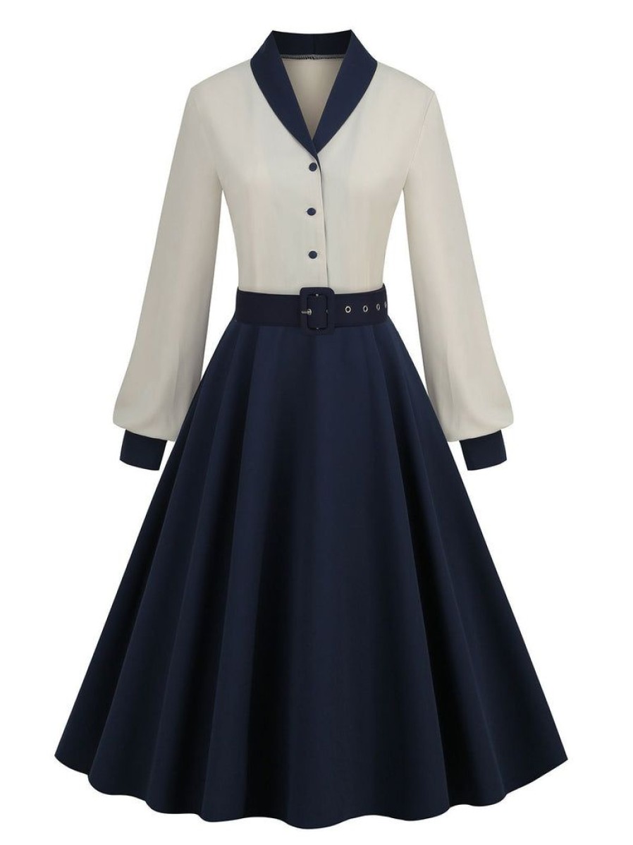 Clothing Retro Stage | 1950S Solid Patchwork Dress Blue & White