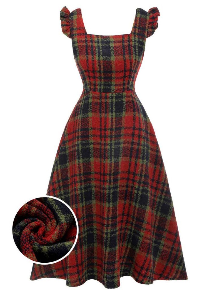 Clothing Retro Stage | 1940S Plaids Ruffles Strap Dress Deep Red