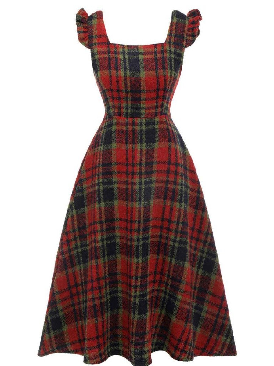 Clothing Retro Stage | 1940S Plaids Ruffles Strap Dress Deep Red