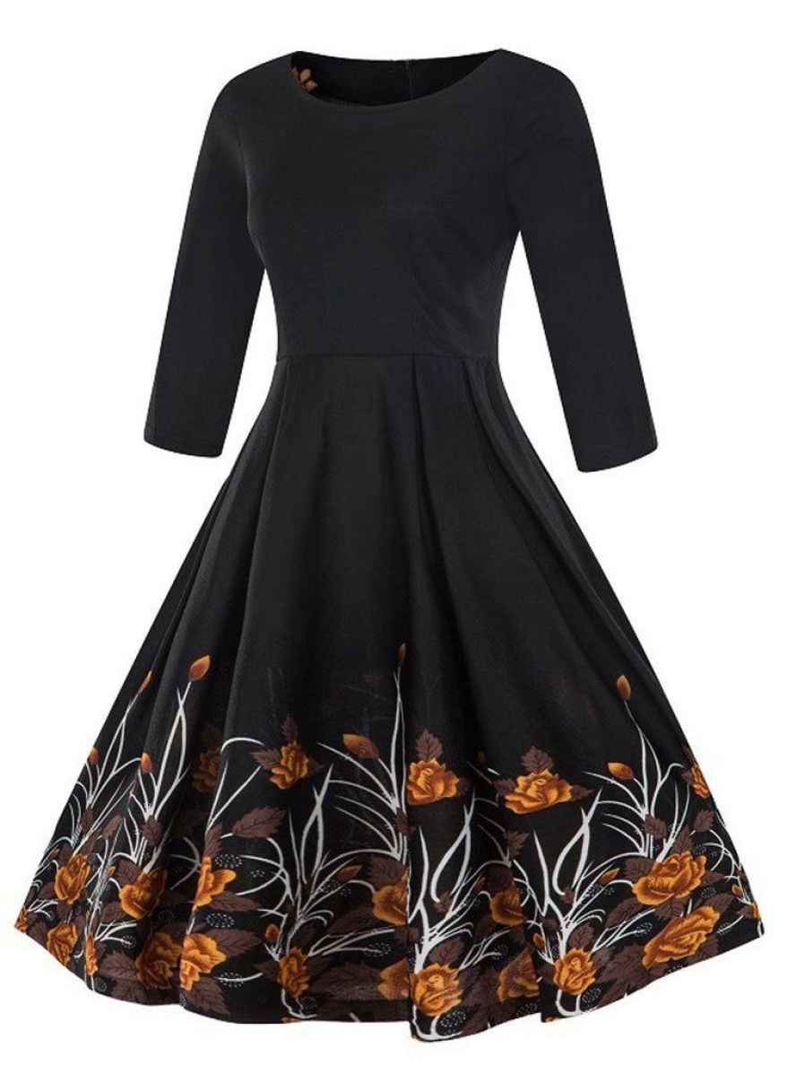 Clothing Retro Stage | 1950S Floral 3/4 Sleeve Swing Dress Gold