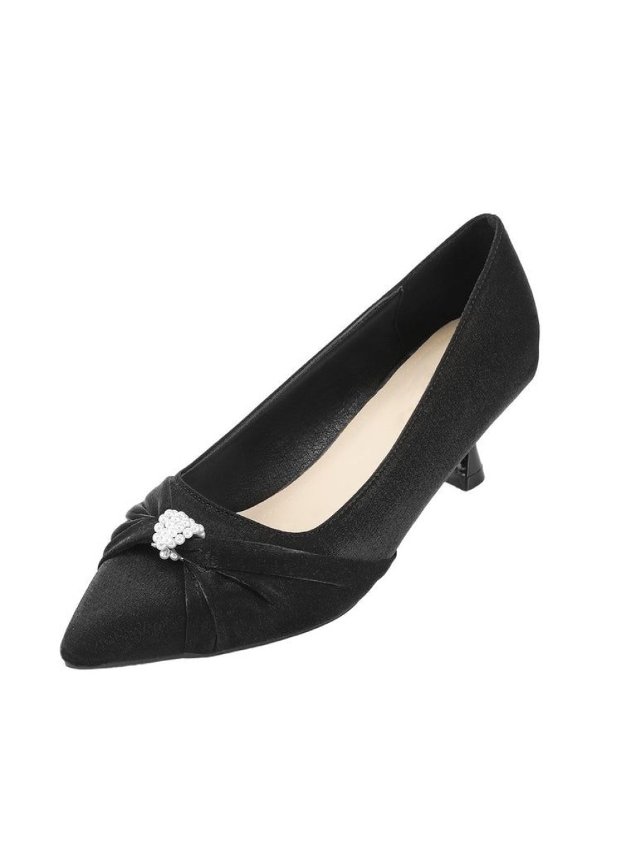 Shoes Retro Stage | Twist Beading Kitten Heels Shoes Black