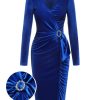 Clothing Retro Stage | 1960S V-Neck Pleated Velvet Dress Dark Blue