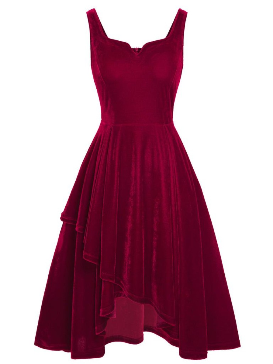 Clothing Retro Stage | 1950S Sweetheart Collar Velvet Strap Dress Red