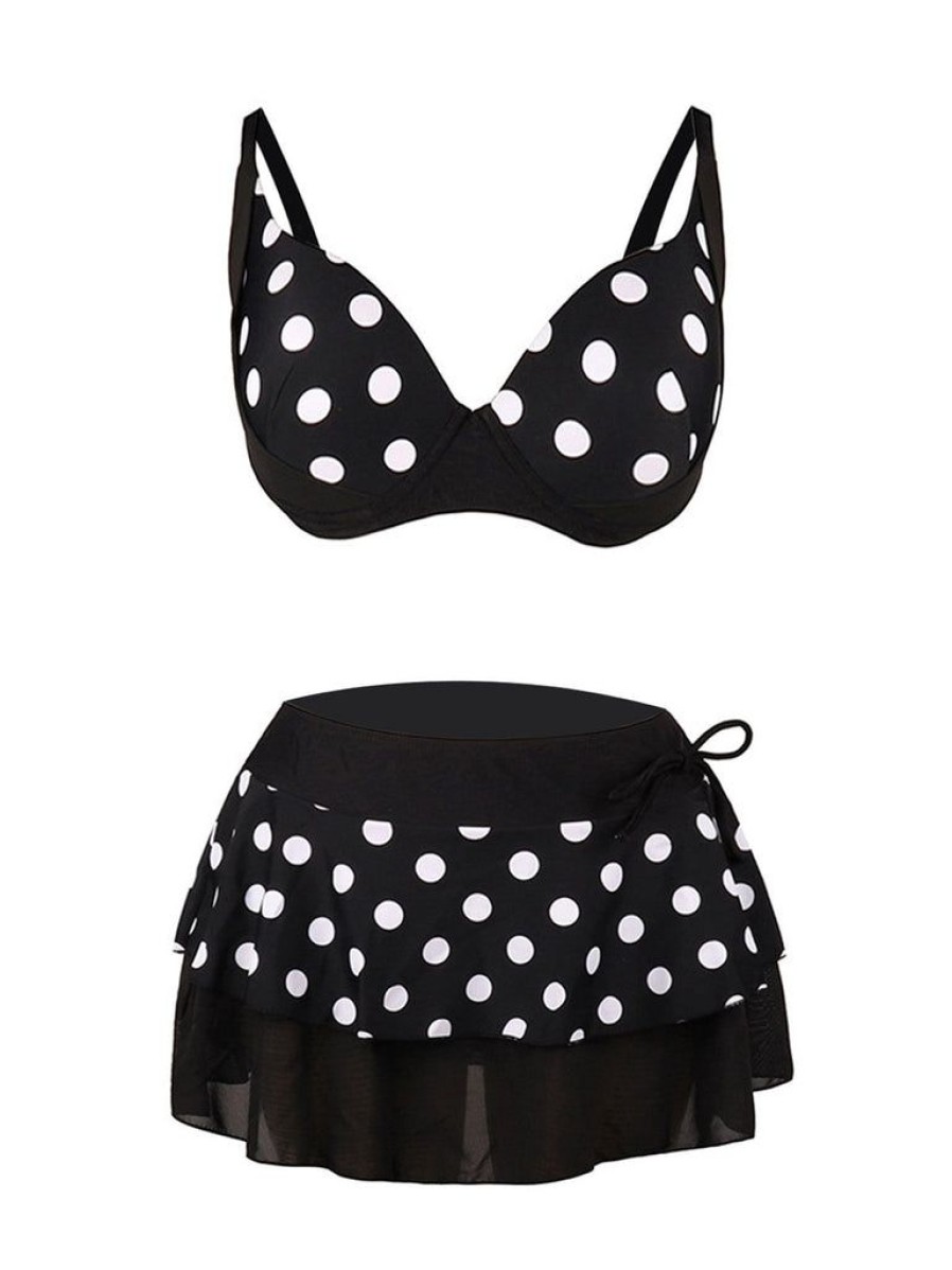 Clothing Retro Stage | 1960S Polka Dot Bikini Set With Skirt Black