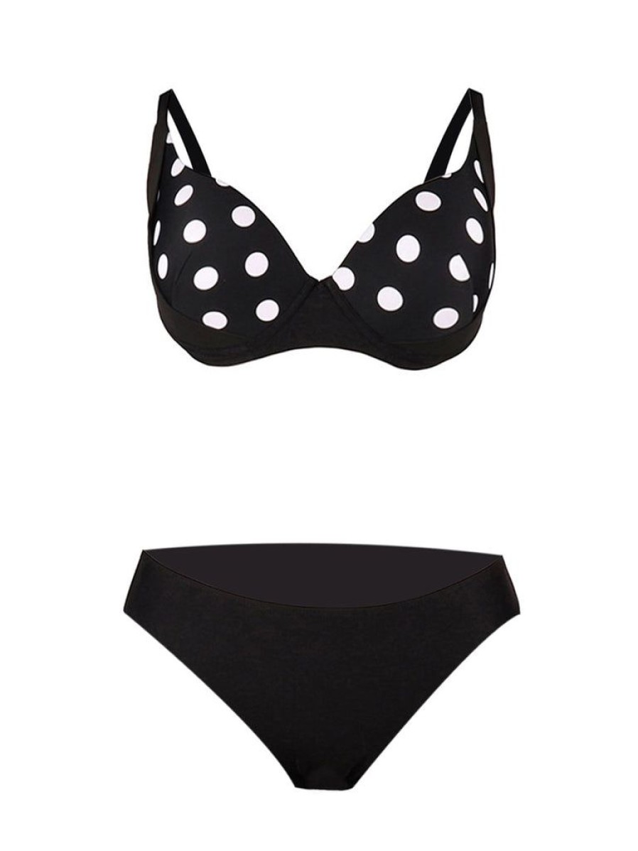 Clothing Retro Stage | 1960S Polka Dot Bikini Set With Skirt Black