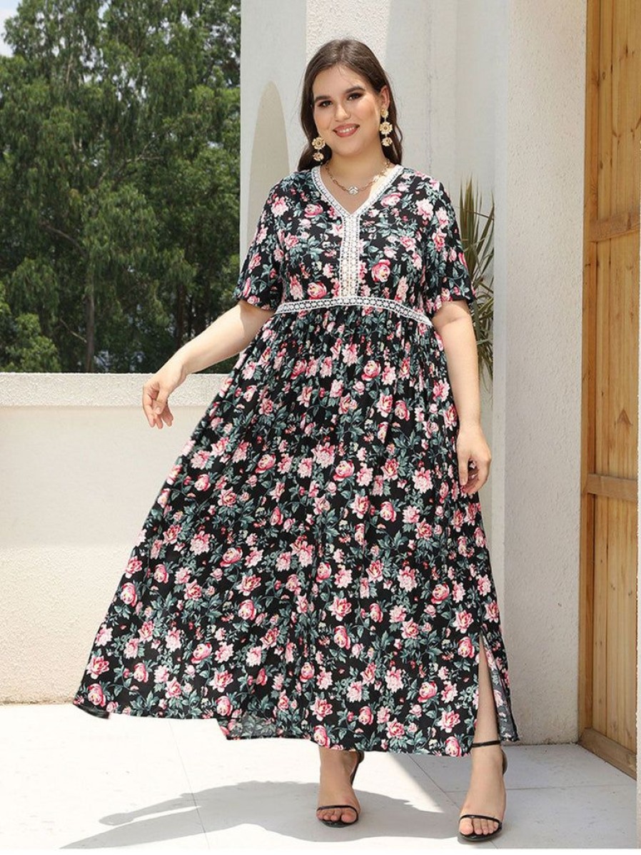 Clothing Retro Stage | [Plus Size] 1930S Lace Rose Patchwork Holiday Long Dress Multicolor