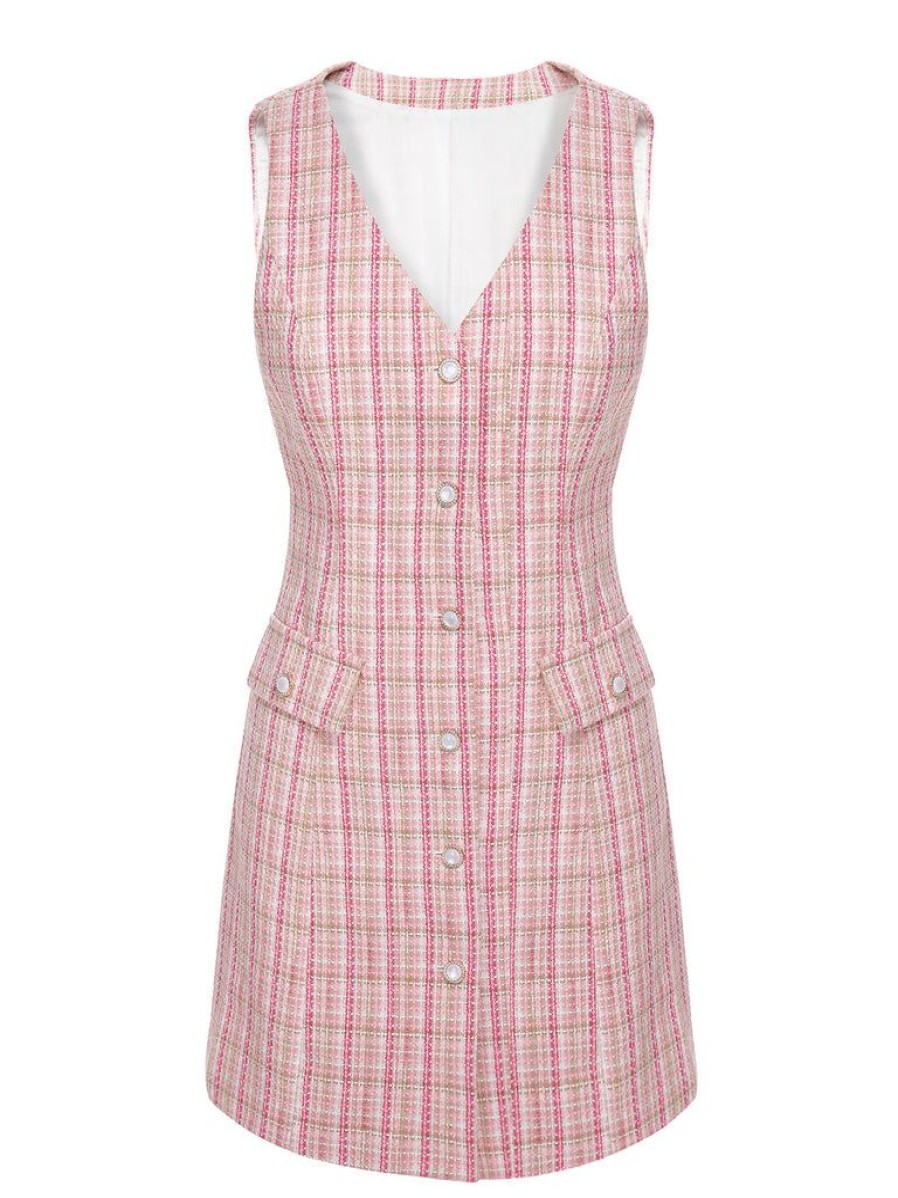 Clothing Retro Stage | 1940S V-Neck Plaids Pocketed Vest Dress Pink