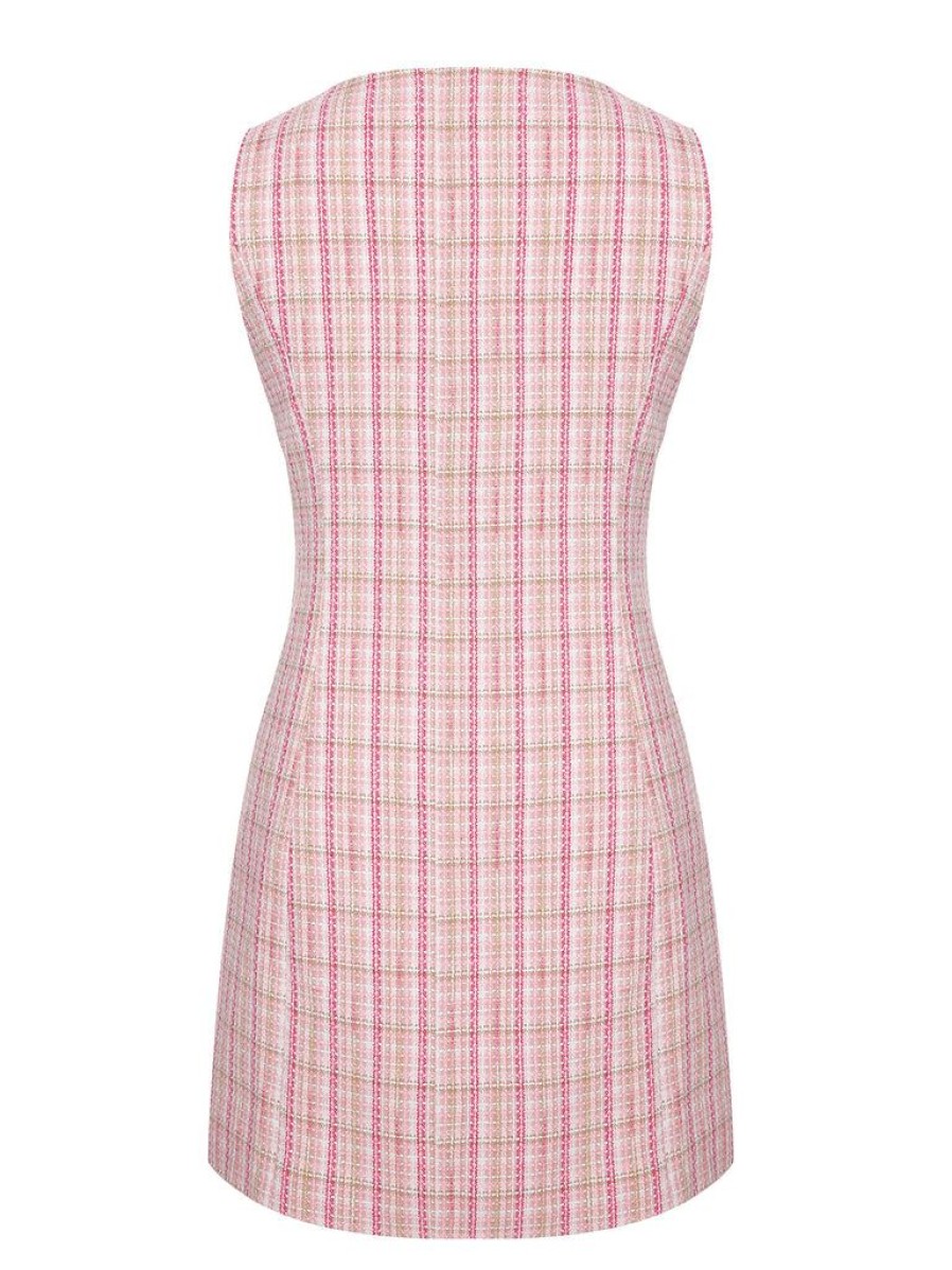 Clothing Retro Stage | 1940S V-Neck Plaids Pocketed Vest Dress Pink