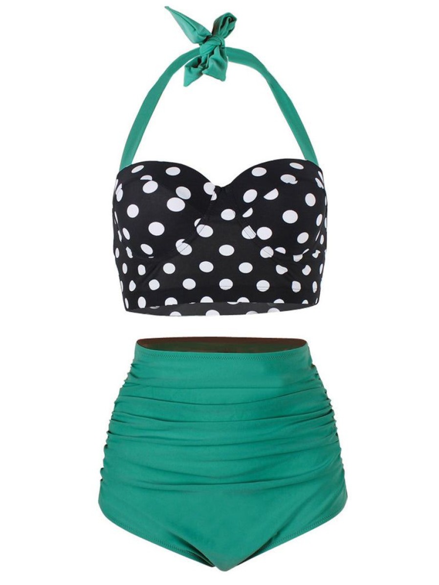 Clothing Retro Stage | 1950S Polka Dot Halter Pleated Bikini