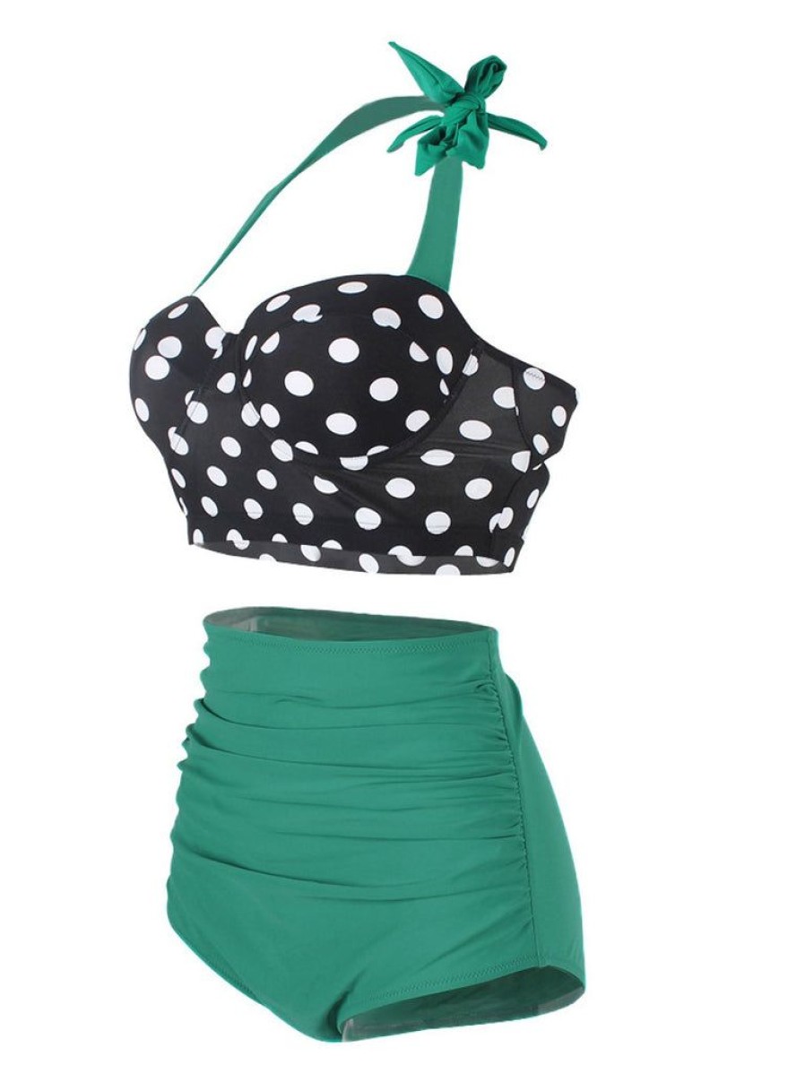 Clothing Retro Stage | 1950S Polka Dot Halter Pleated Bikini