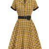 Clothing Retro Stage | 1950S Plaid Belt Swing Dress Mustard