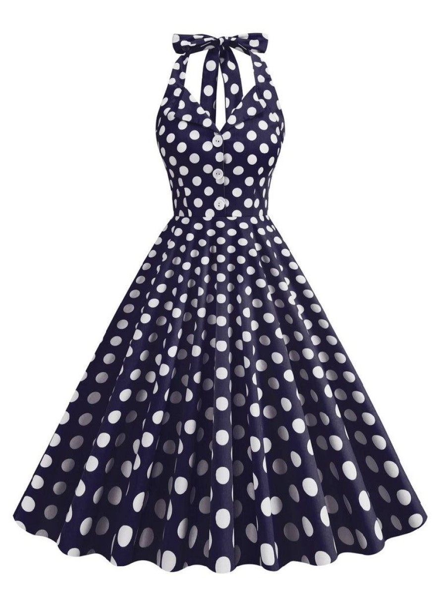 Clothing Retro Stage | 1950S Polka Dot Halter Dress Navy Blue