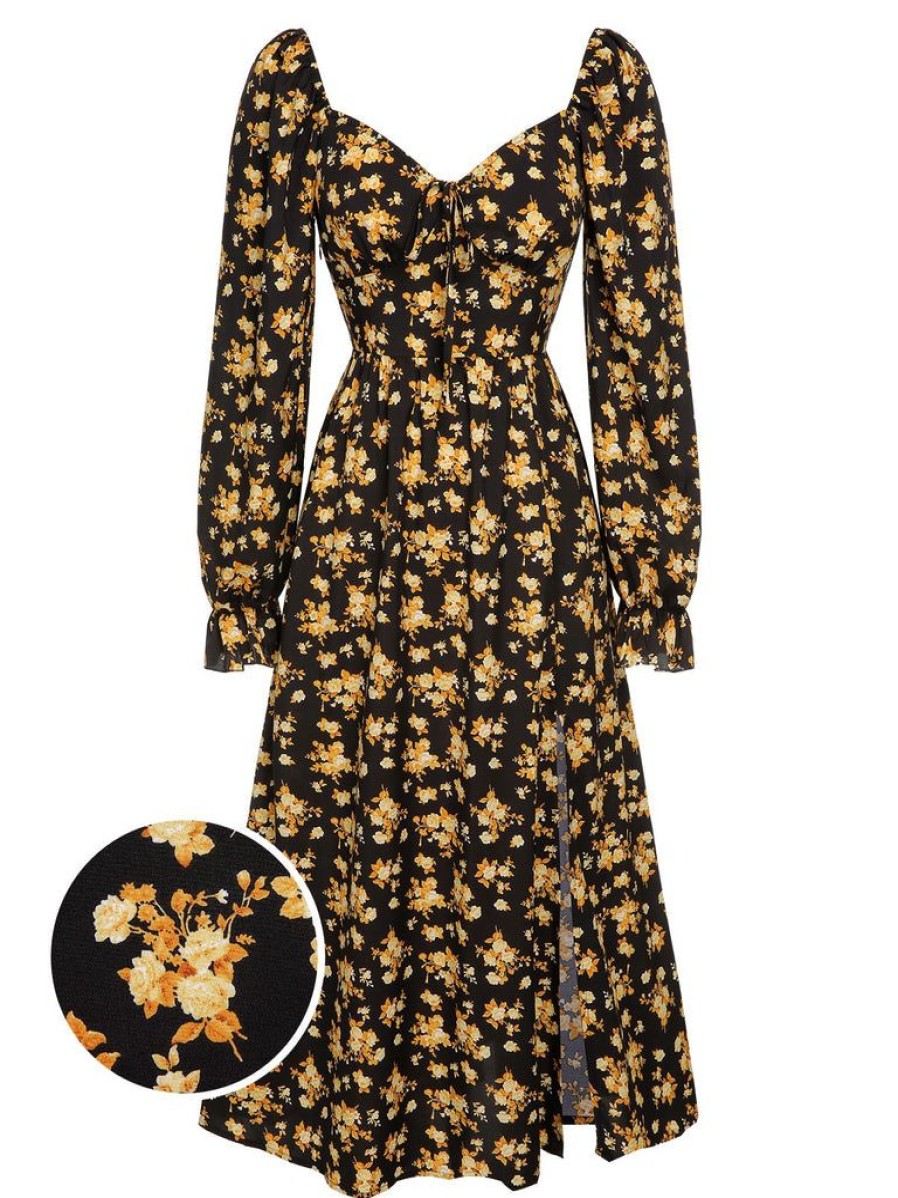 Clothing Retro Stage | Yellow 1930S Floral French Maxi Dress Black