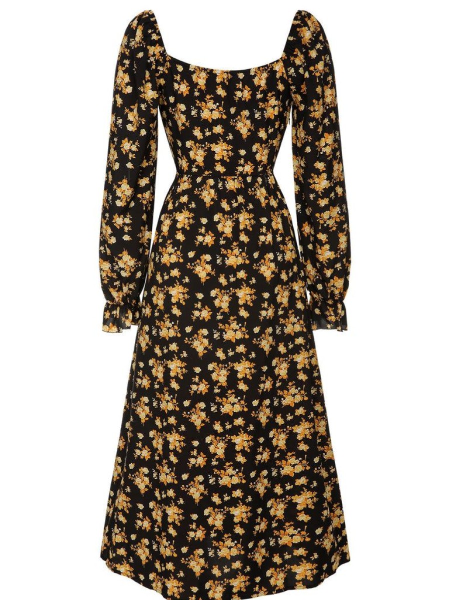 Clothing Retro Stage | Yellow 1930S Floral French Maxi Dress Black