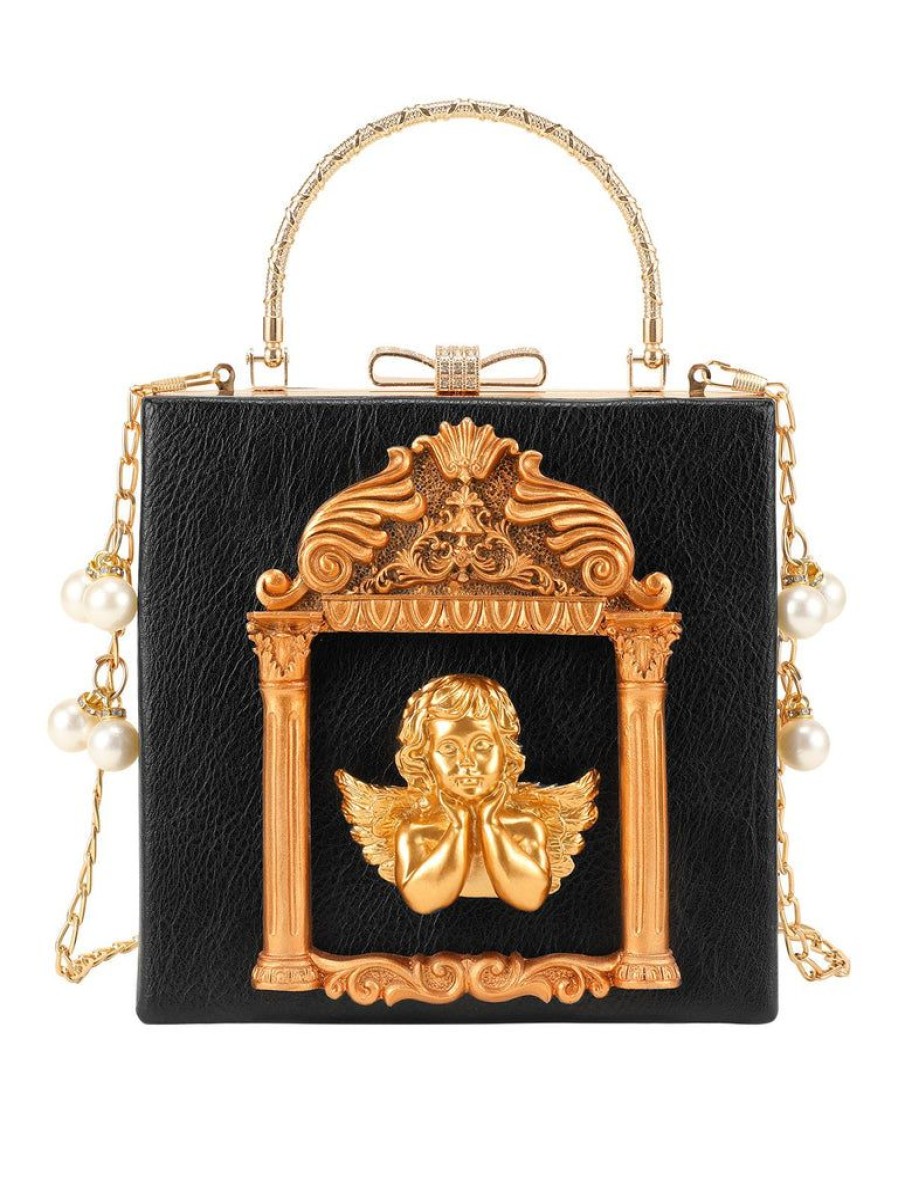 Accessories Retro Stage | Black Retro Angel Pearl Chain Ladies Square Bags