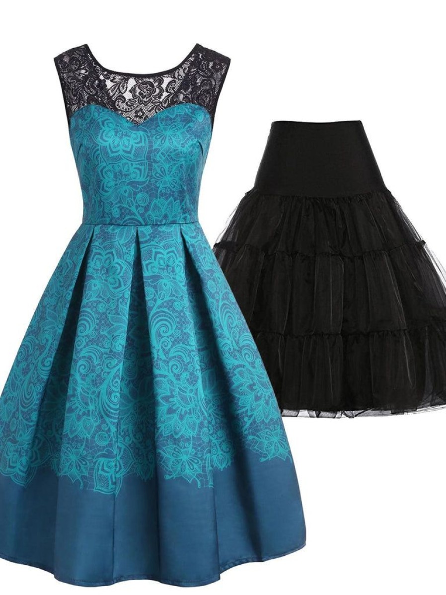 Clothing Retro Stage | 2Pcs Blue 1950S Dress & Black Petticoat