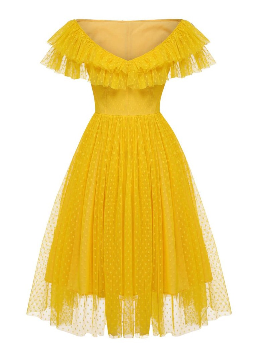 Clothing Retro Stage | 1950S Dots Off-Shoulder Mesh Swing Dress Yellow