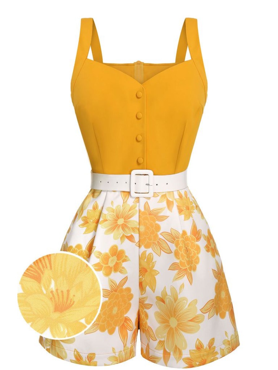 Clothing Retro Stage | 1950S Spaghetti Strap Floral Romper Yellow