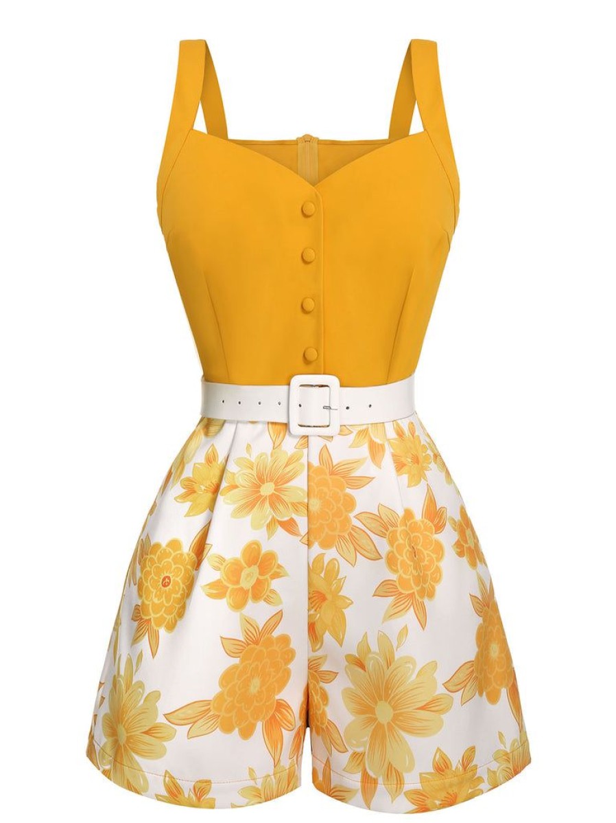 Clothing Retro Stage | 1950S Spaghetti Strap Floral Romper Yellow