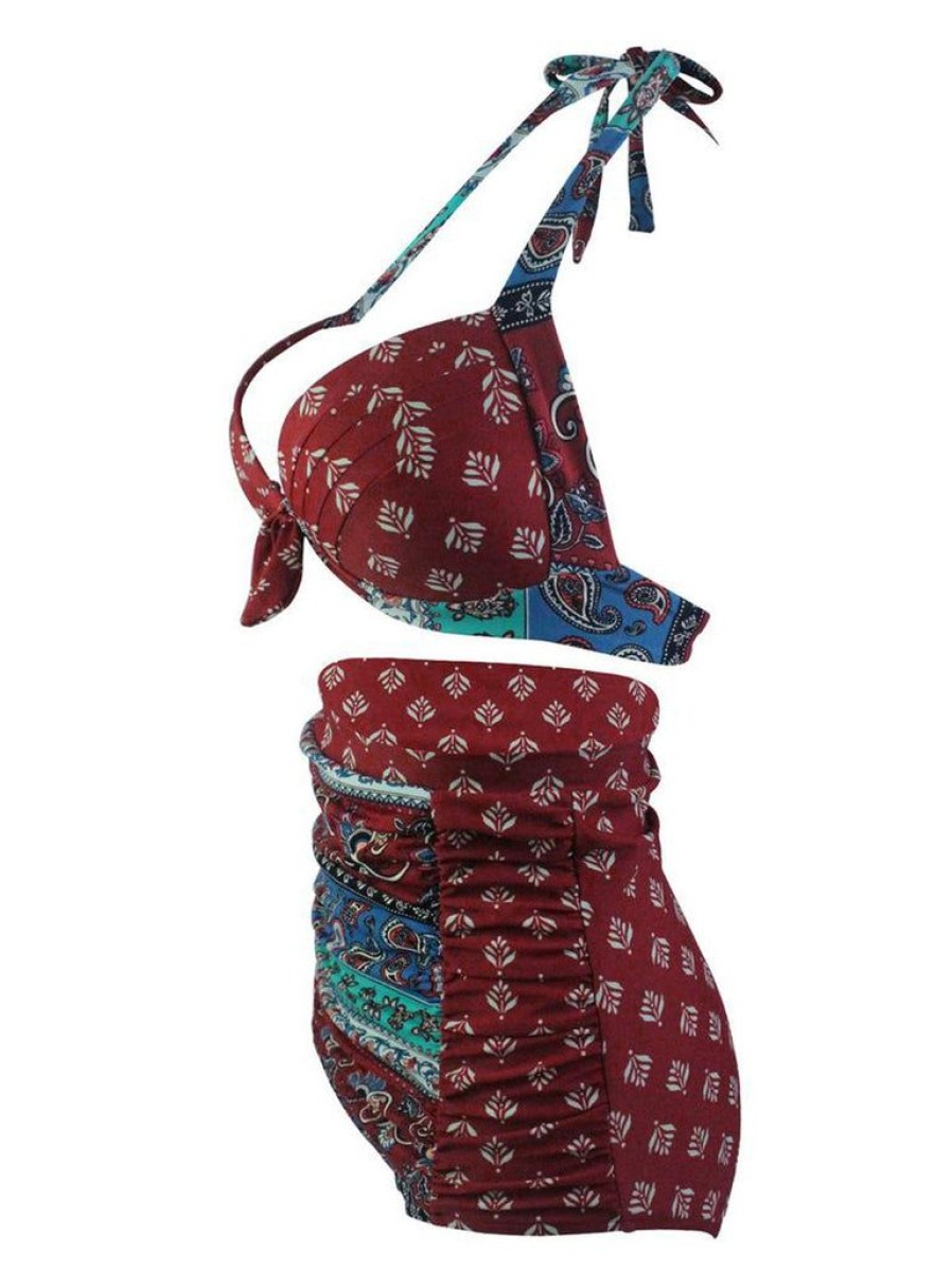 Clothing Retro Stage | 1950S Boho Halter Bow Bikini Red