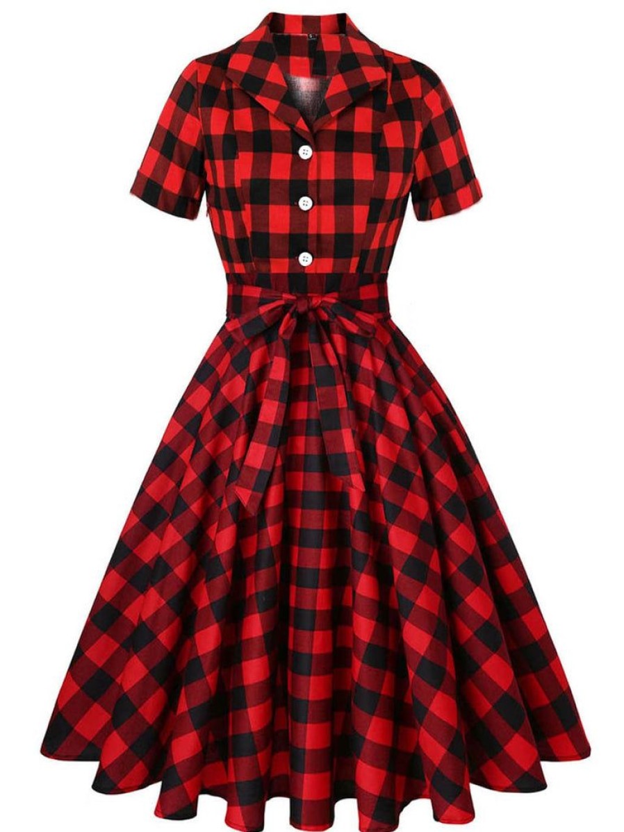 Clothing Retro Stage | 1950S Plaid Bowknot Swing Dress Red