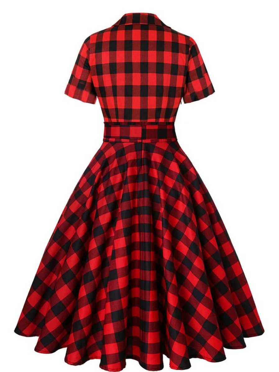 Clothing Retro Stage | 1950S Plaid Bowknot Swing Dress Red