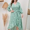 Clothing Retro Stage | [Plus Size] 1940S V-Neck Butterflies Puff Sleeve Dress Green