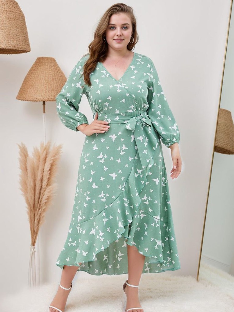 Clothing Retro Stage | [Plus Size] 1940S V-Neck Butterflies Puff Sleeve Dress Green