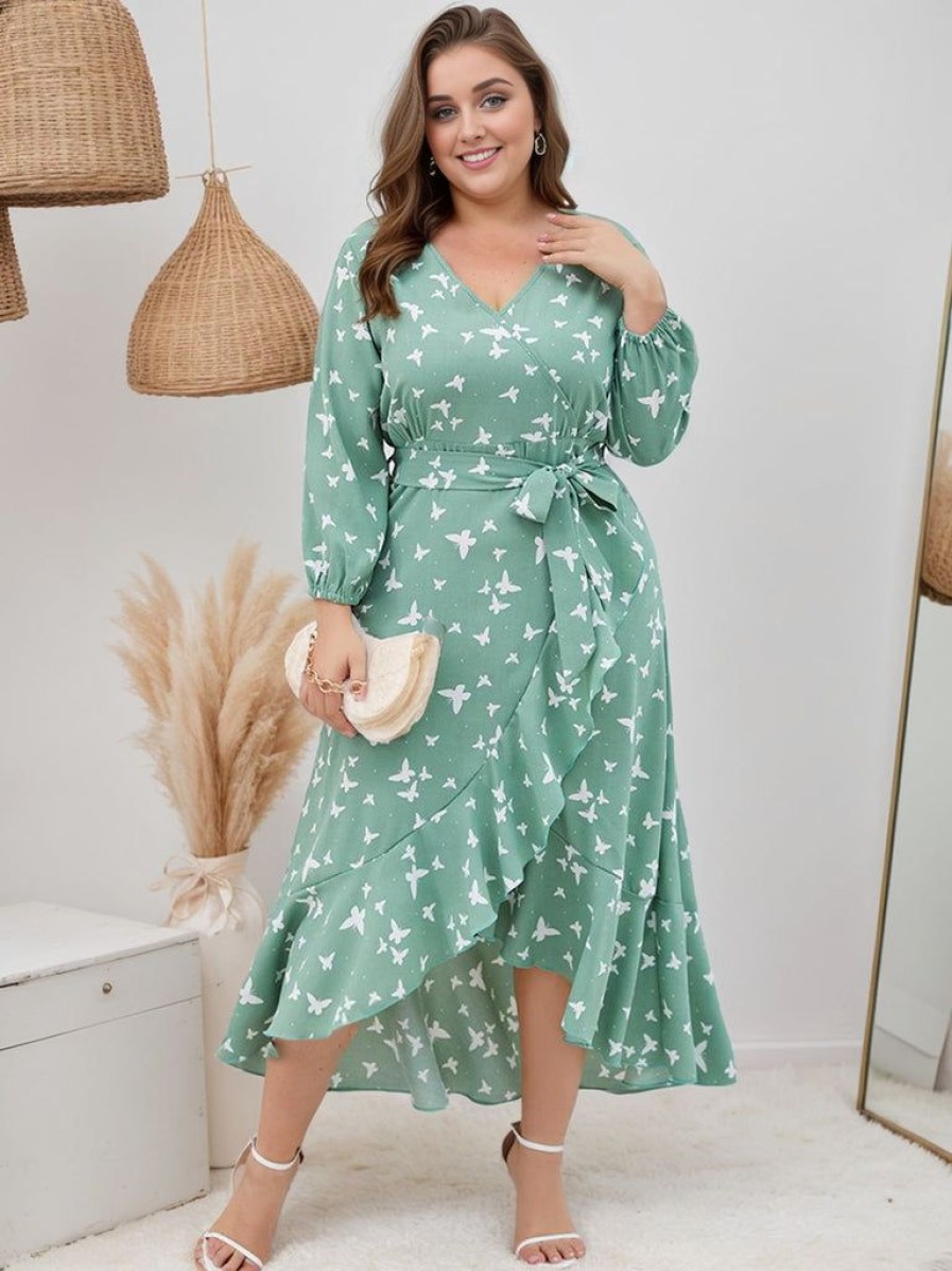 Clothing Retro Stage | [Plus Size] 1940S V-Neck Butterflies Puff Sleeve Dress Green