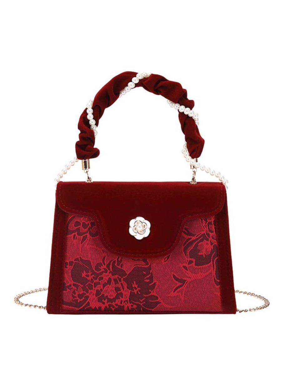 Accessories Retro Stage | Vintage Red Velvet Pearl Jacquard Square Bag