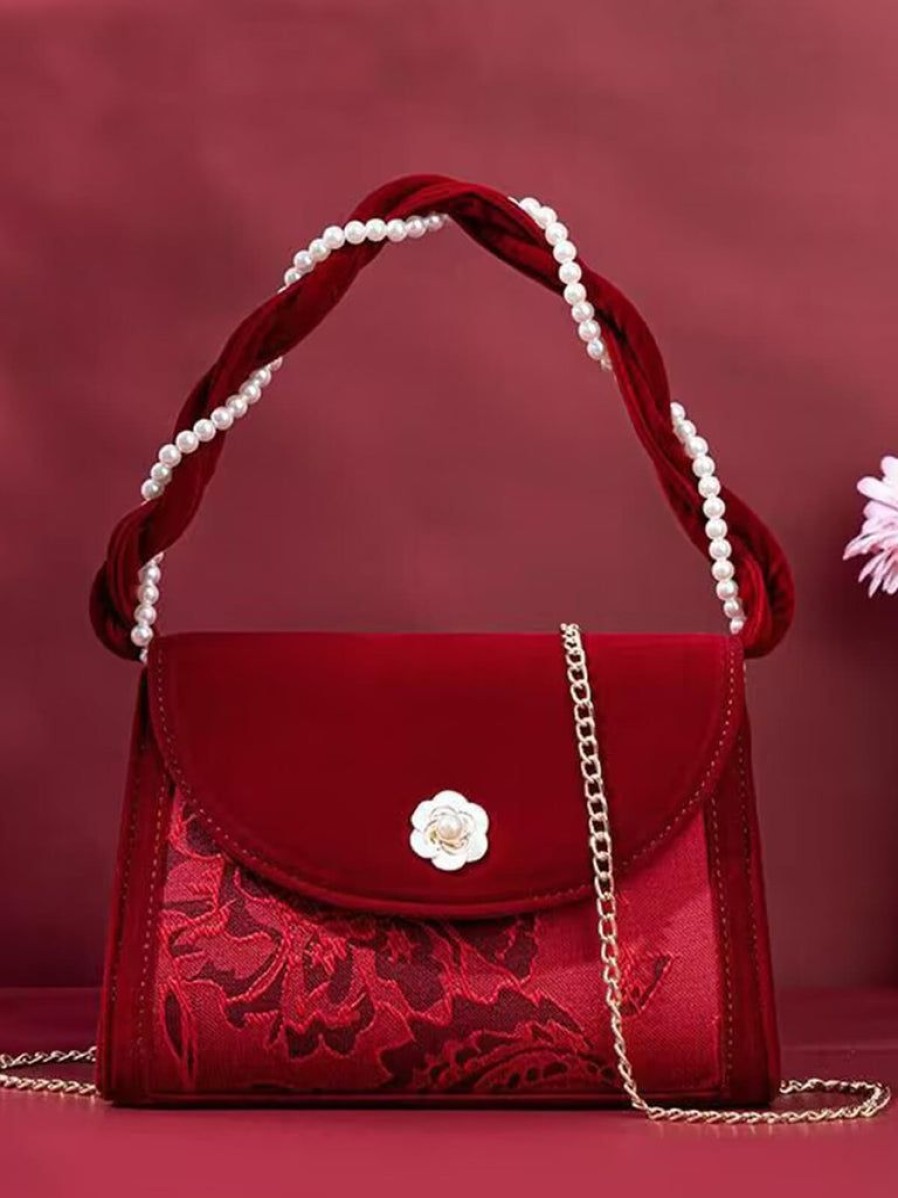 Accessories Retro Stage | Vintage Red Velvet Pearl Jacquard Square Bag